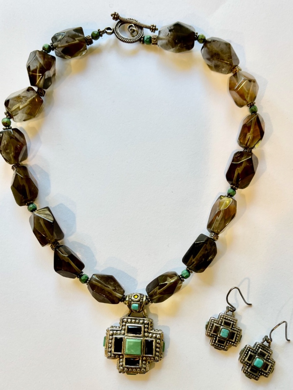 BARSE 925 Sterling Silver SMOKY QUARTZ TURQUOISE Cross Necklace & Earrings SET